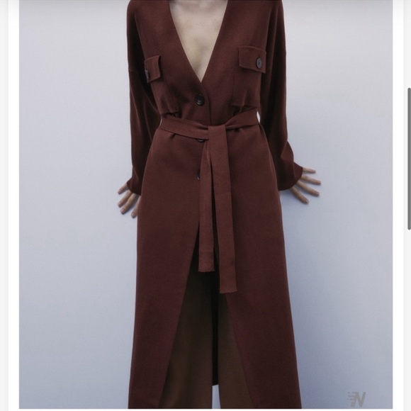 Zara chocolate brown knit midi button front cardigan sweater Sz M - Picture 2 of 11